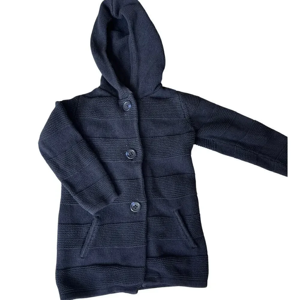 Girls 4T Hooded Button Down Cardigan Sweater, Navy, Tunic Length, Pockets